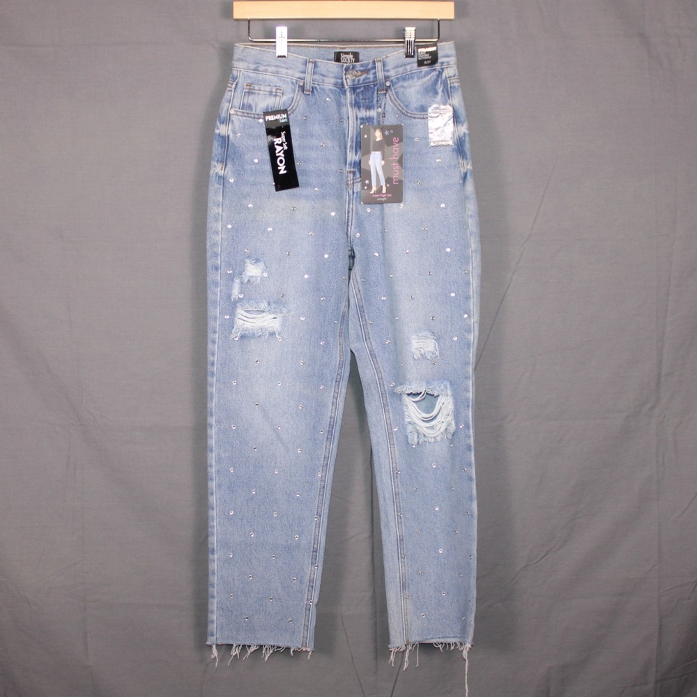 Y2K Simple Society Womens Super High Rise Straight Jeans 5 27 Rhinestone Denim